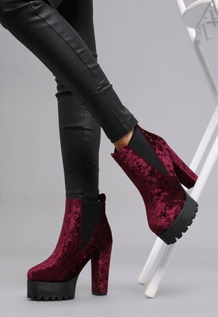 LUSAKA ELASTIC PANEL PULL ON WINE VELVET PLATFORM BOOTS