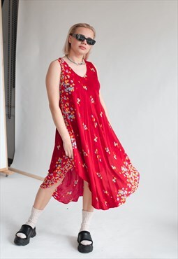 Vintage Y2k Hippie Pleated Sleeveless Summer Dress in Floral