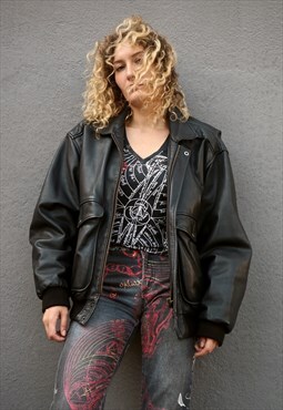 80s Vintage Black Leather aviator bomber jacket