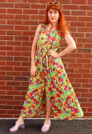VINTAGE 80'S GREEN FESTIVAL MAXI DRESS WITH CITRUS PRINT