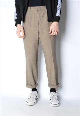 VINTAGE 90S UNISEX BEIGE CHECK WOOL BLEND PANTS