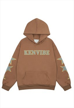 Ken slogan hoodie star patchwork pullover applique top brown