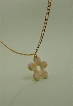 Checker Daisy 18K Gold Plated Necklace in Yellow & White