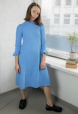 Vintage 70's Blue Textured Rare Midi Dress