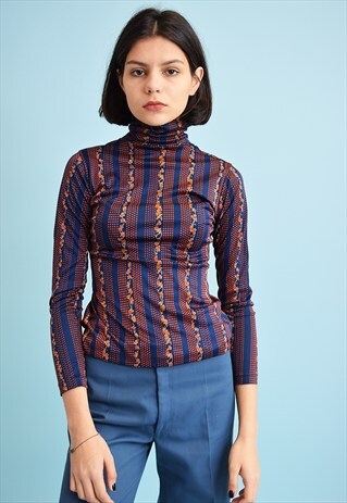 70'S RETRO TURTLENECK ABSTRACT PRINT LYCRA TOP BLOUSE