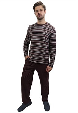 Mens Pure Cotton Burgundy Stripe Pyjama Set PJ's Sizes S-4XL