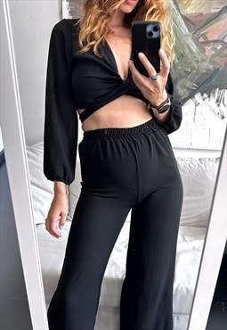Two Pieces Black crop Top And relaxed Pants - XS