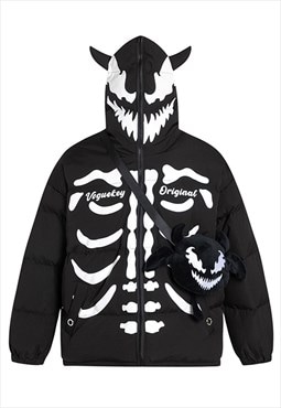 Skeleton jacket devil horn puffer bones print bomber black