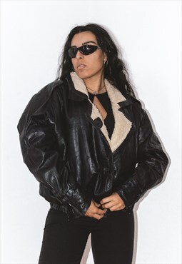 Vintage 90s Sheepskin Real Leather Bomber Jacket in Black 