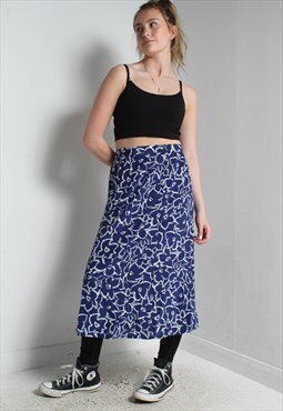 Vintage Patterned Midi Skirt Blue 32" Waist