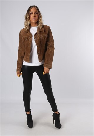 SUEDE LEATHER FRINGE TASSEL FITTED JACKET VINTAGE UK 12 (3DF