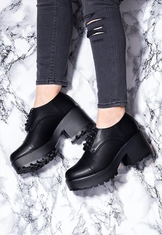 TIGER LACE UP PLATFORM ANKLE BOOTS - BLACK LEATHER STYLE