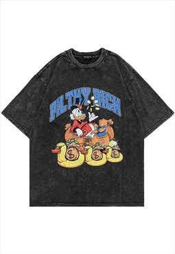 Duck cartoon t-shirt rich slogan tee vintage wash top black