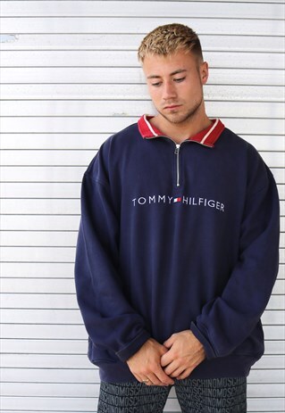 NAVY AND RED QUARTER ZIP TOMMY HILFIGER SWEATSHIRT
