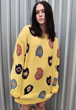PAISLEY SWEATER RAVE BANDANA KNITTED CARTOON JUMPER YELLOW