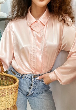 VINTAGE 80S LUXE PEACHY SATIN LACE HAUTE BOHEME BLOUSE TOP