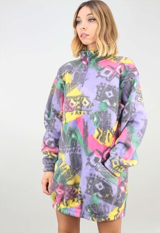 VINTAGE 90S OVERSIZED 1/4 ZIP PATTERNED FLEECE
