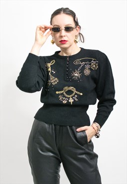 Vintage 80's embroidered sweater puff shoulders women M/L