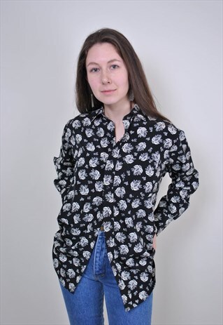 90S BLACK FLORAL BLOUSE, VINTAGE LONG SLEEVE SPRING SHIRT