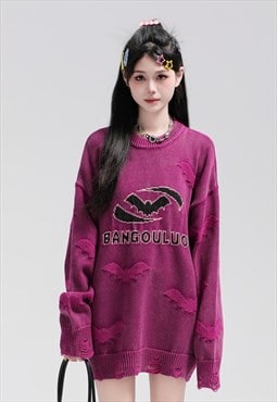 Bat print sweater knitted Gothic jumper skater top in purple