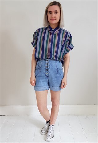 VINTAGE 80'S NAVY BLUE STRIPED SHORT SLEEVE SHIRT