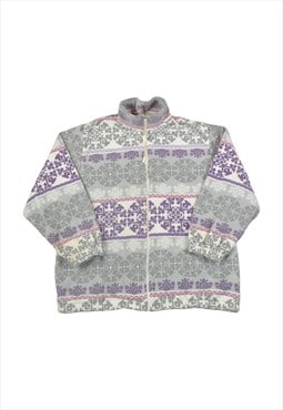 Vintage Fleece Jacket Retro Pattern Grey/Purple Ladies Large