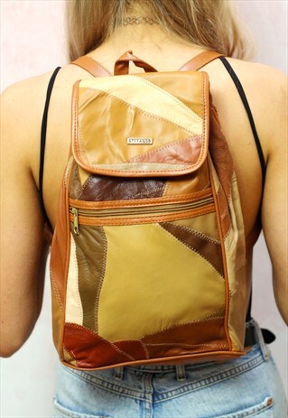 1990S VINTAGE PATCHWORK TAN REAL LEATHER BACKPACK