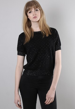 VINTAGE 80S BLACK SILVER GLITTER BEADED KNIT TOP