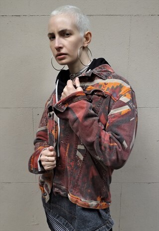 VINTAGE AZTEC TRIBAL PRINT SLIM FIT WASHED OUT DENIM JACKET