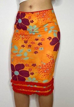 Vintage Y2K 00s Retro Floral Print Summer Midi Skirt 