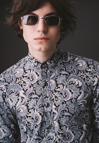 MENS GREY & BLACK PAISLEY KAFTAN SHIRT