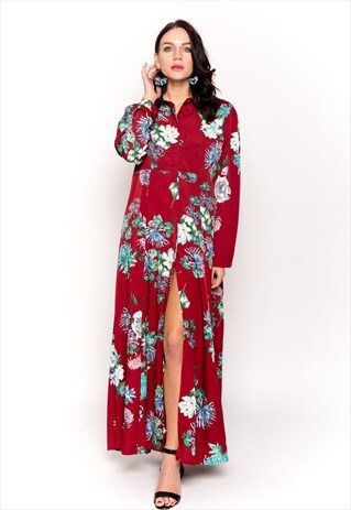 FLORAL PRINT MAXI LONG SHIRT DRESS BUTTON OVERSIZE BURGUNDY