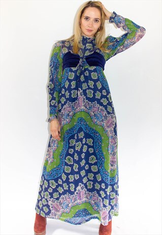 70'S VINTAGE FLORAL VELVET BODICE MAXI DRESS