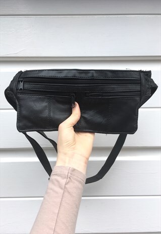 UNISEX VINTAGE BLACK LEATHER FESTIVAL BOHO BUMBAG HAND BAG