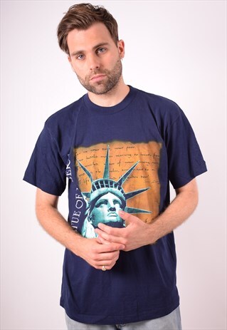 MENS VINTAGE T-SHIRT TOP LARGE NAVY BLUE 90S