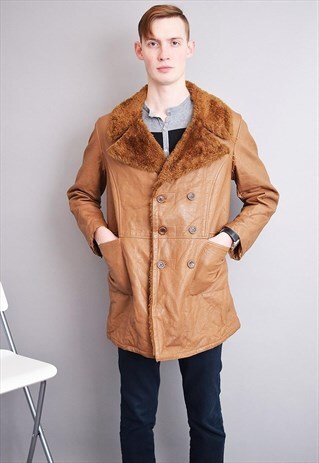 VINTAGE 70'S FAUX LEATHER BROWN JACKET COAT WITH FAUX FUR