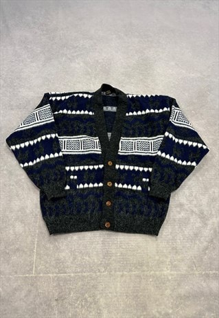 VINTAGE ABSTRACT KNITTED CARDIGAN PATTERNED GRANDAD SWEATER