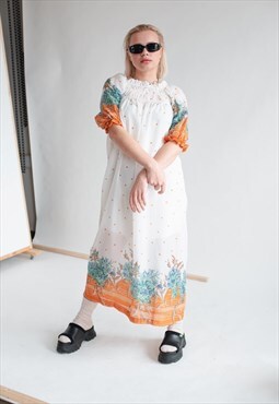 Vintage Puff Sleeve Shirred Neck Maxi Dress in Mixed Print 