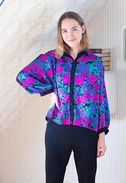 Bright floral long sleeve silky vintage blouse