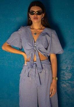 ARI Cropped Tie Blouse Blue Gingham Check