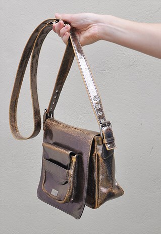 VINTAGE GOLD DISTRESSED LEATHER CROSS BODY BAG