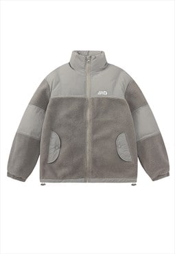 Contrast fleece bomber fluffy sports jacket winter coat grey