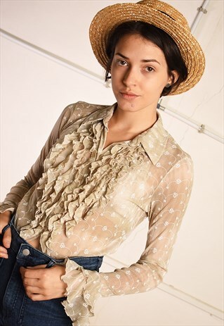 Y2K RETRO RUFFLE MESH FLORAL PARIS CHIC SHIRT BLOUSE TOP