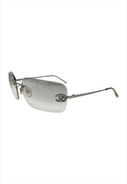 Chanel Sunglasses Rimless Rectangle Crystal CC Logo Silver 
