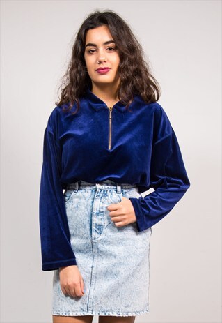 VINTAGE 90'S NAVY BLUE VELVET ZIP NECK COLLARED TOP SHIRT