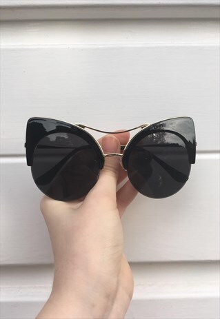 WOMENS 50S STYLE PLAIN BLACK LARGE CAT EYE SUNGLASSES