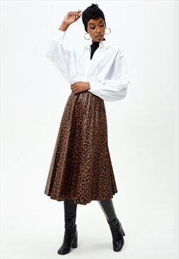 Brown Animal Priny PU Midi Skirt