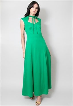 70's Vintage Dress Ladies Green Grecian Pussy Bow Maxi 