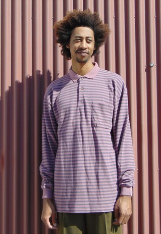 90S PREPPY SKATER LUXURY STRIPE LONG SLEEVE POLO SHIRT LARGE