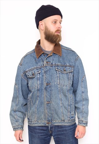 VINTAGE LINED DENIM JACKET WITH LEATHER COLLAR